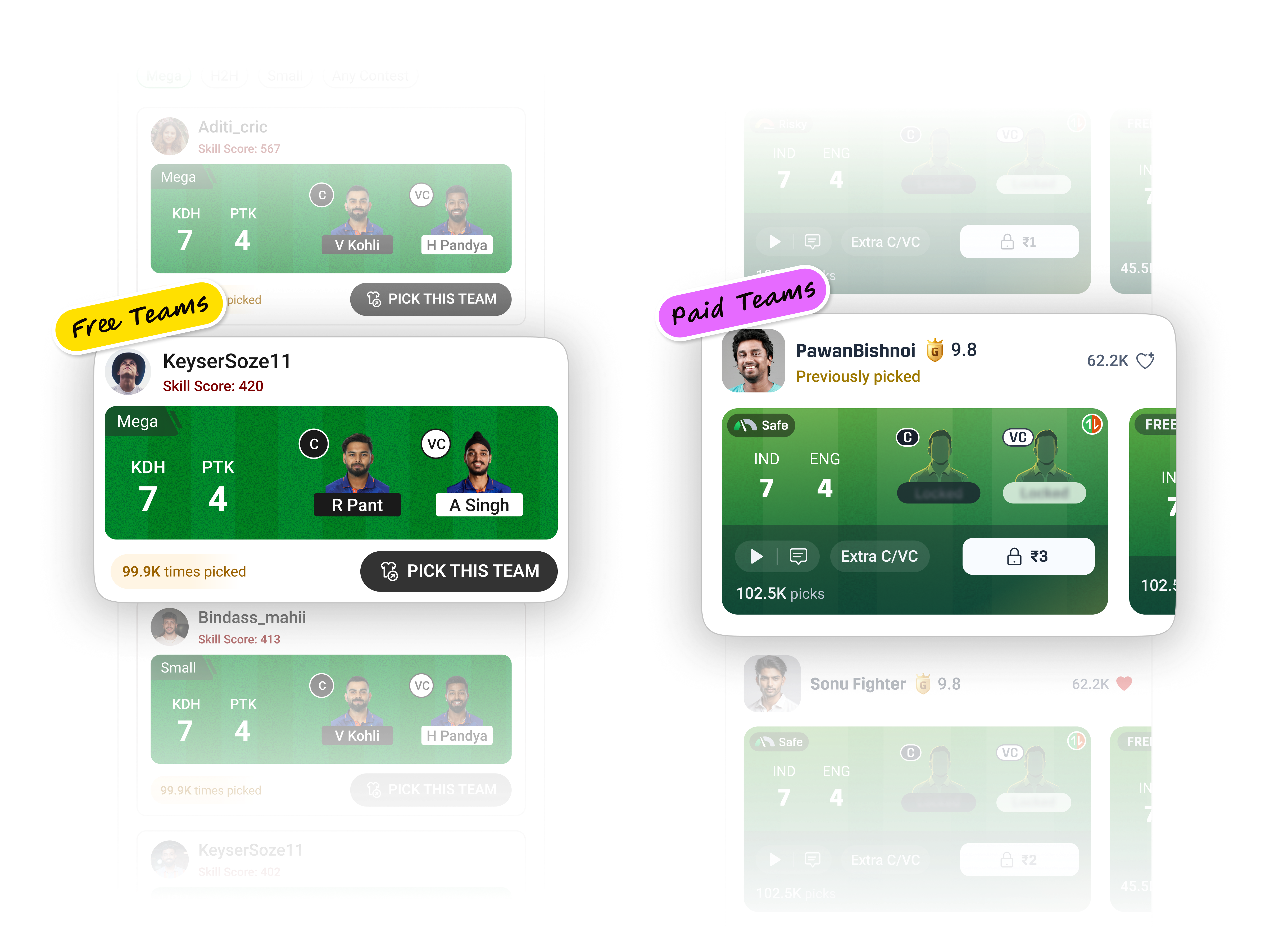 DreamGuru Marketplace - the Guru marketplace feed, two team cards, one saved-team state
