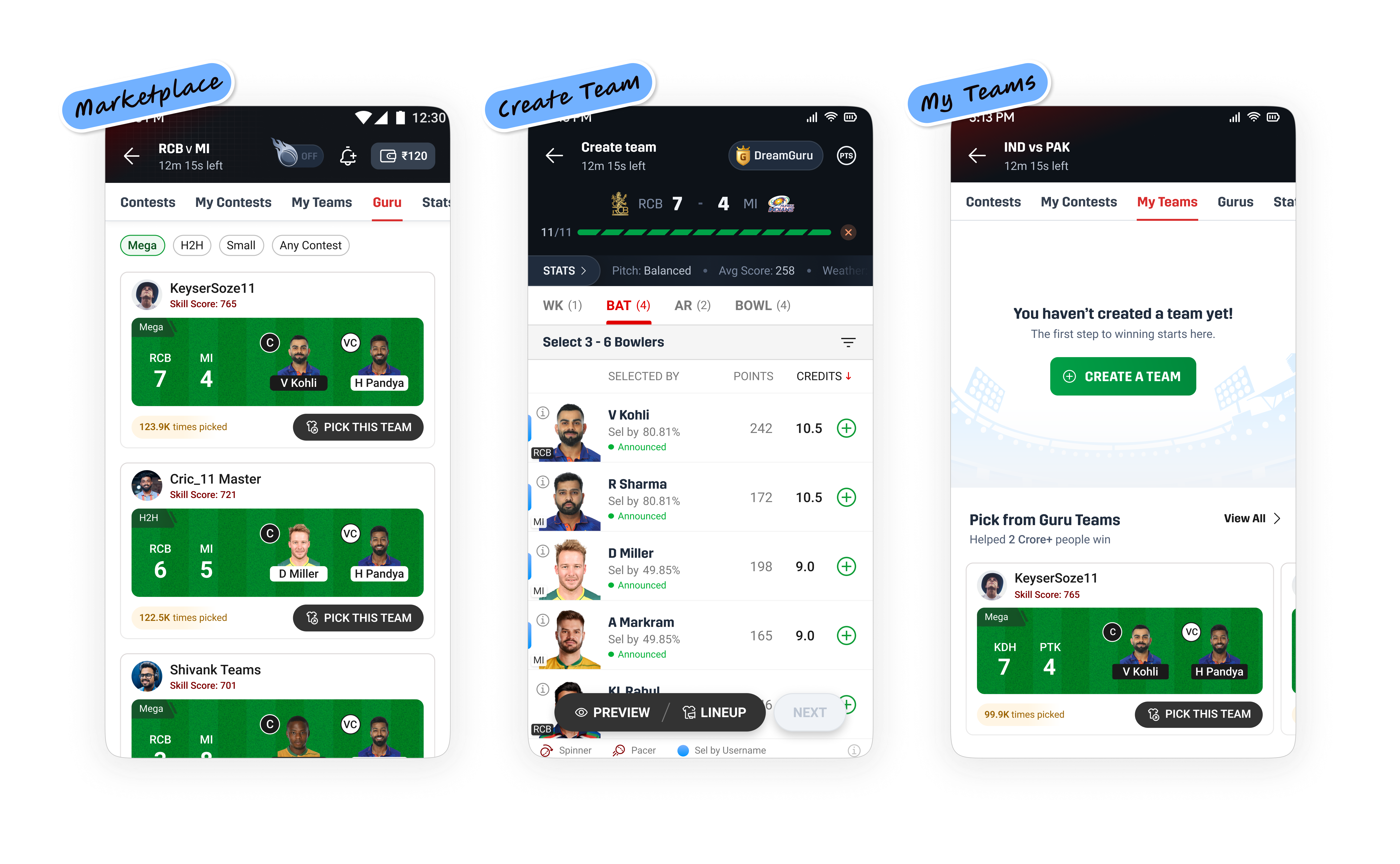 Contextual entry points in the UI - Guru teams surfaced on My Teams and inside Create Team