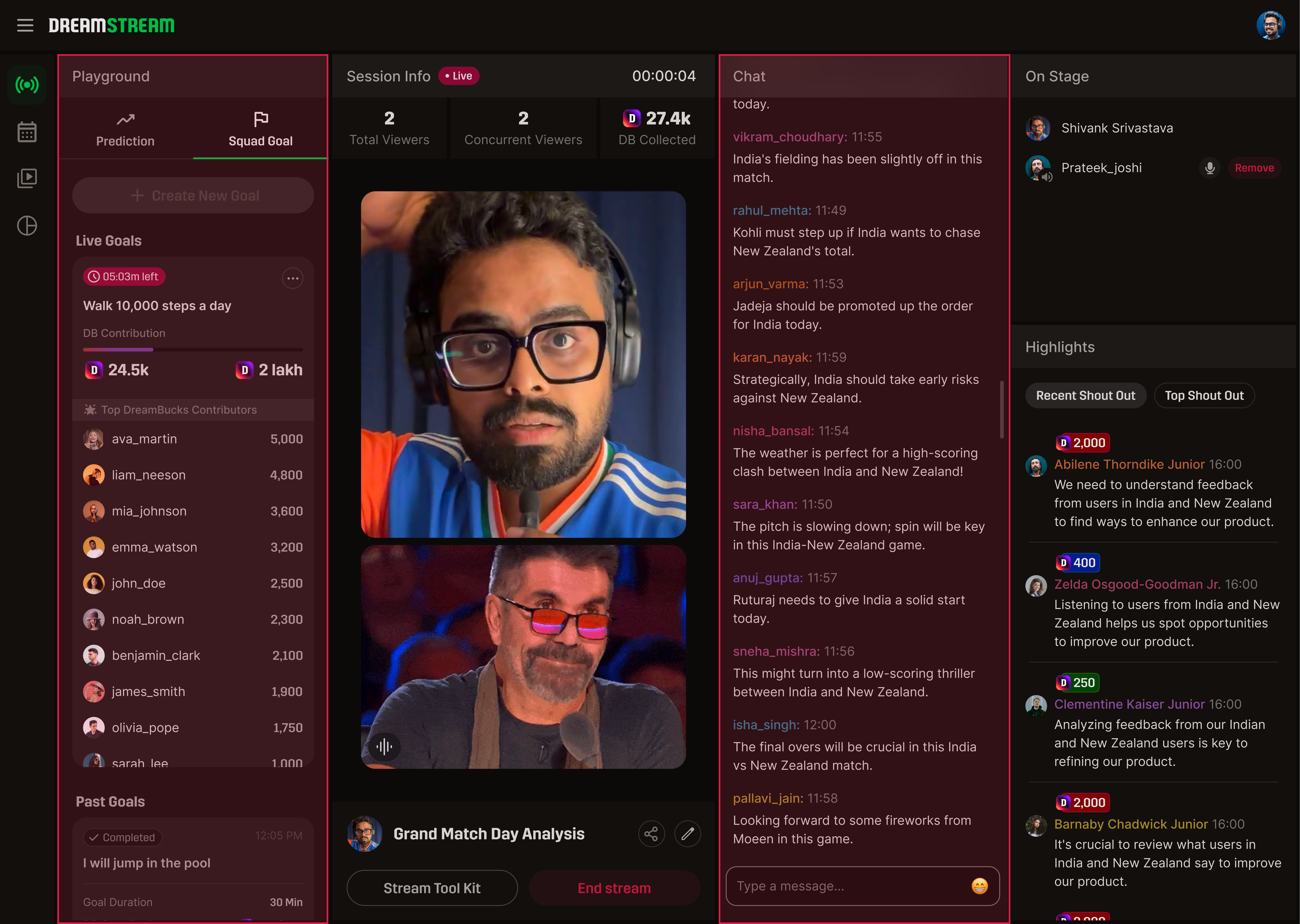 DreamStream live console with Playground and Chat columns highlighted in red — showing the high-scan zones flanking the stream