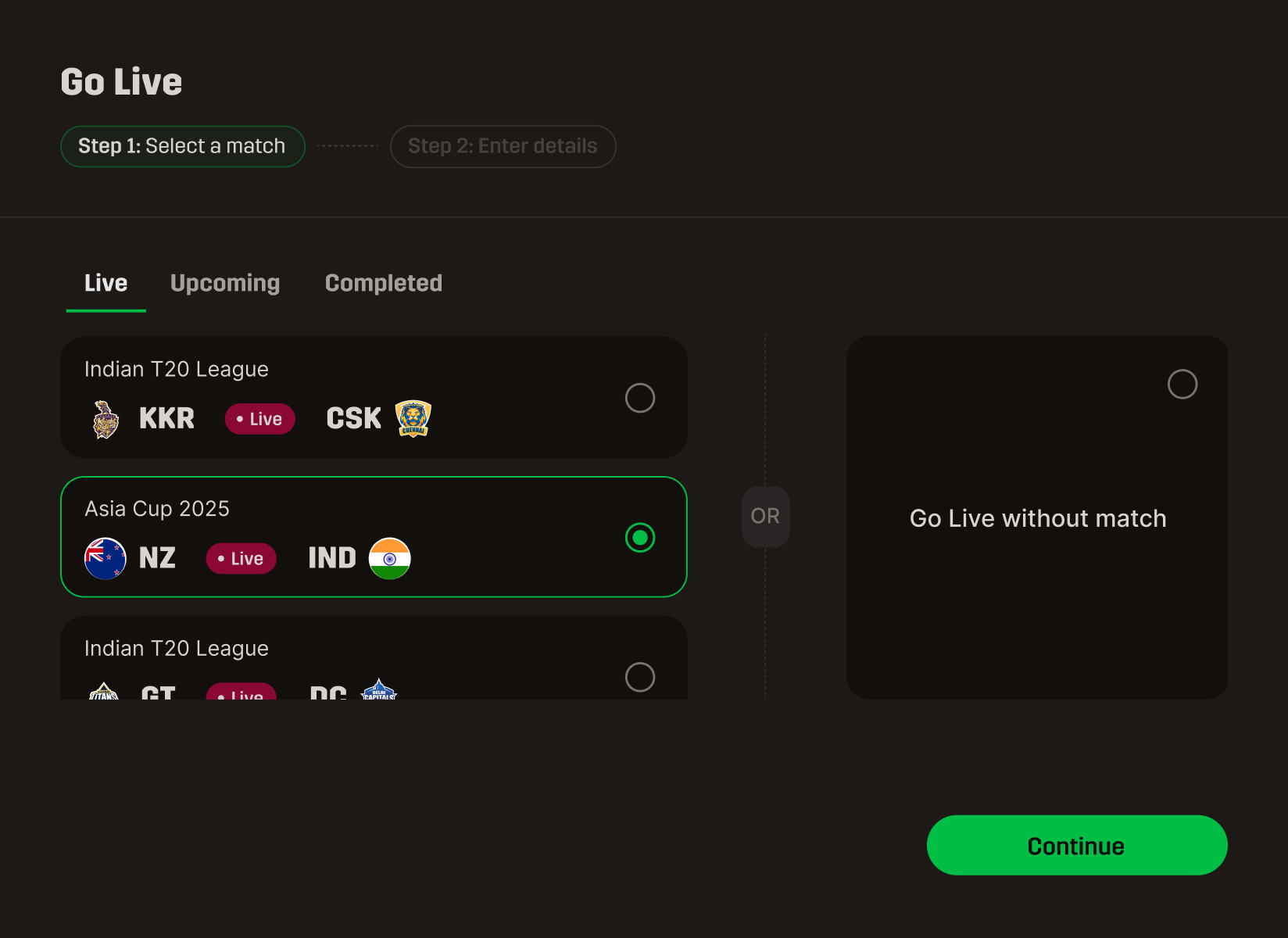 Match select screen