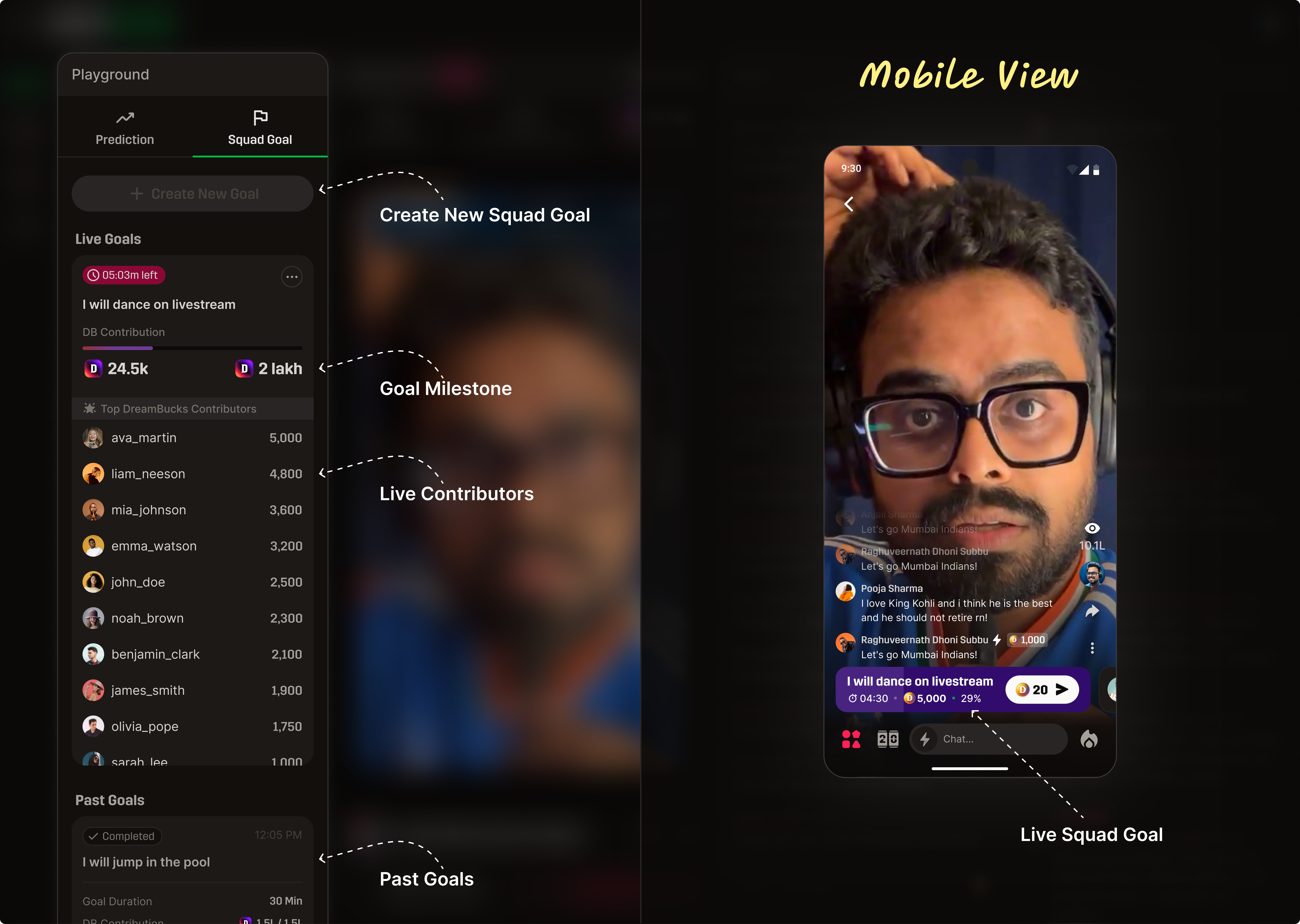 Squad Goal feature visual with creator panel and mobile view