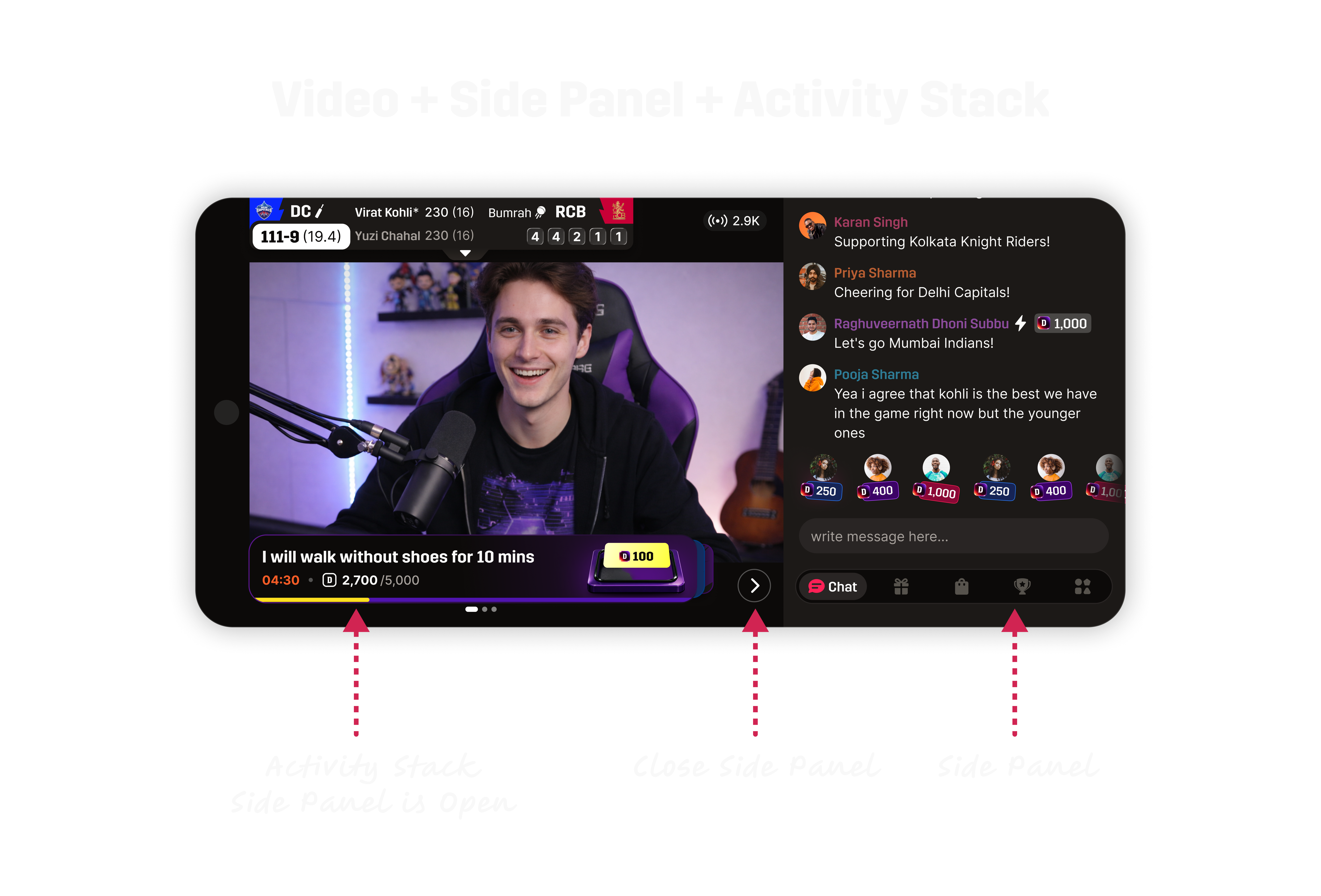 Landscape mode - video, side panel open, activity stack