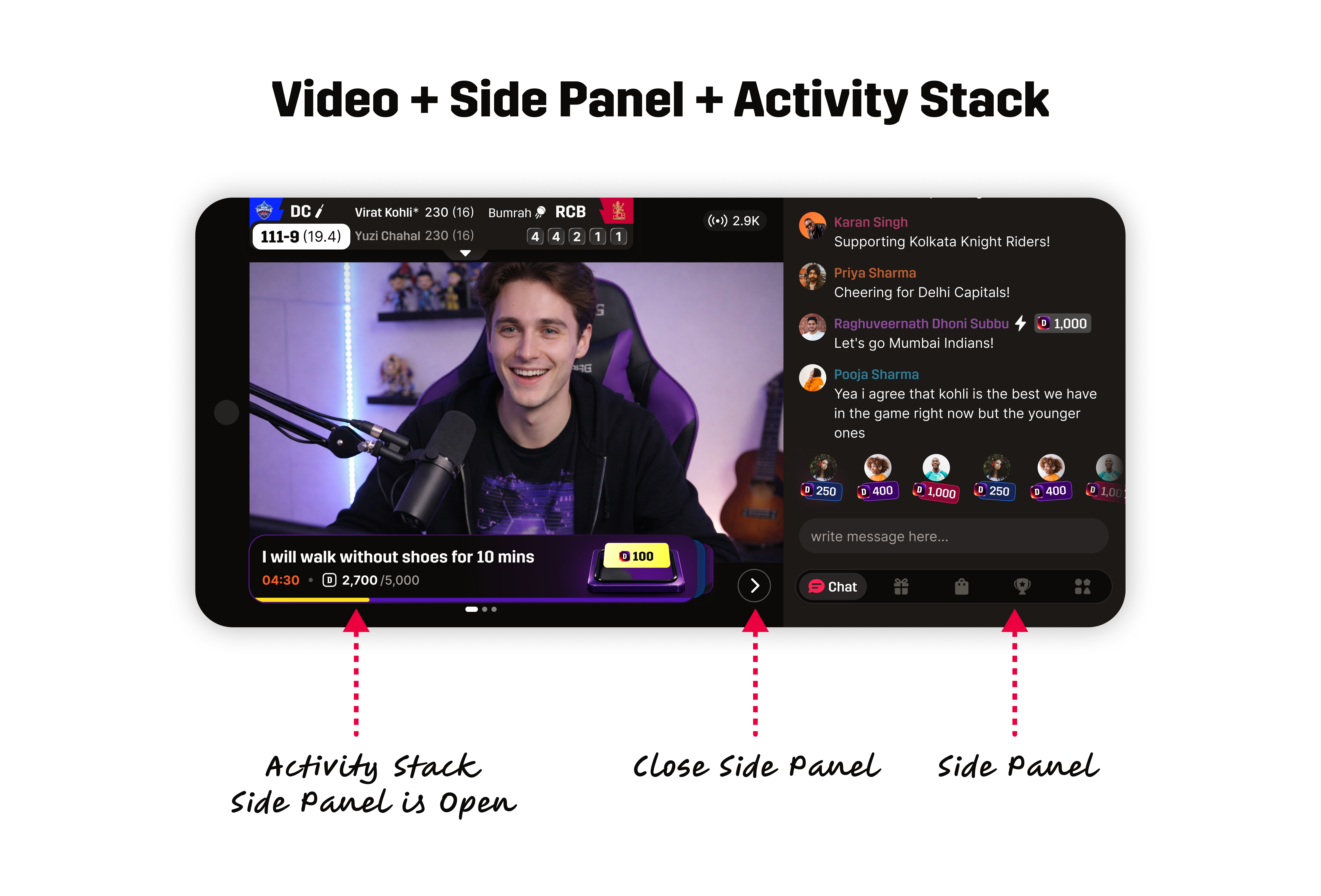 Landscape mode — video, side panel open, activity stack