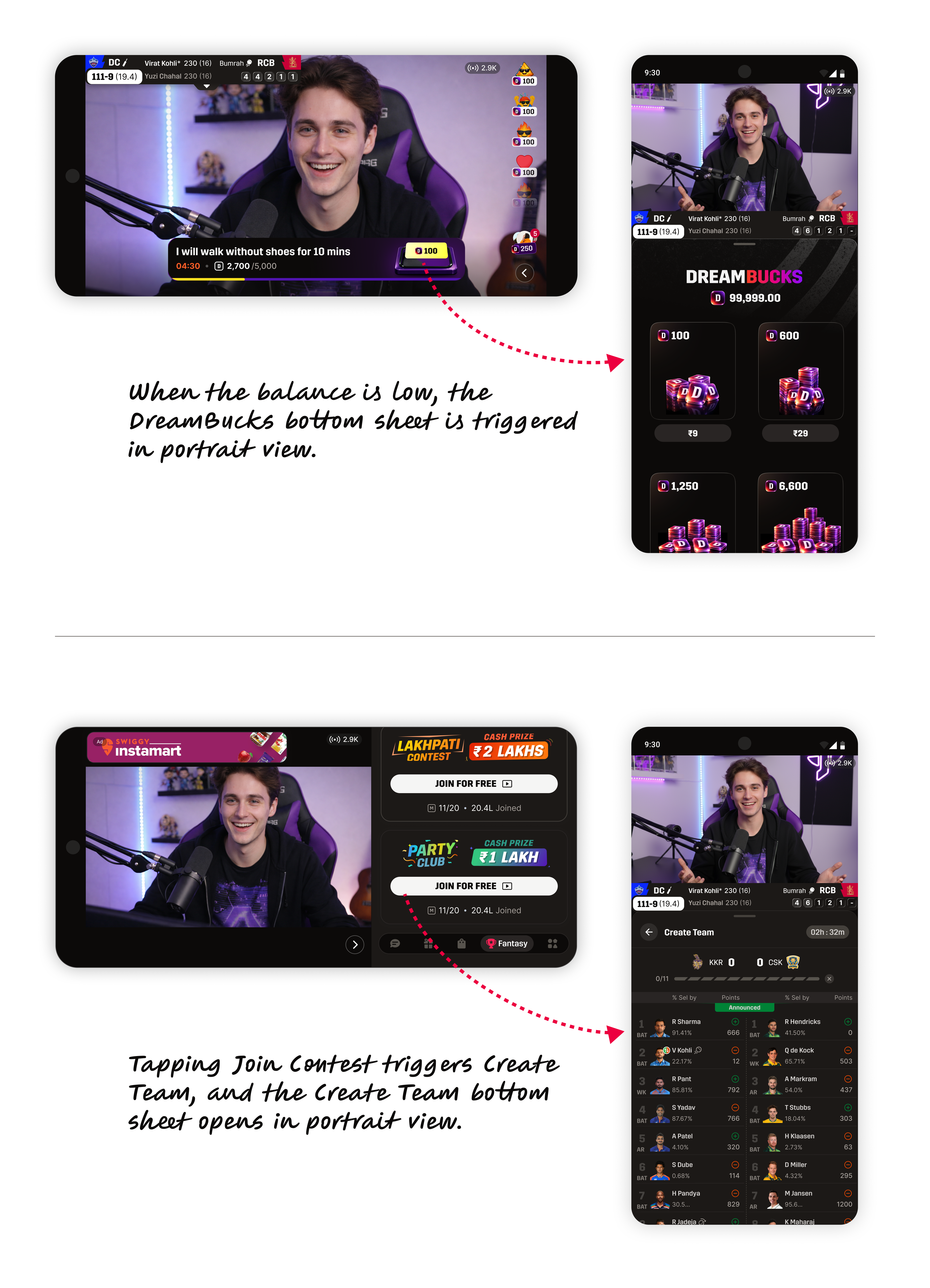 DreamBucks and create team flows triggered in portrait view